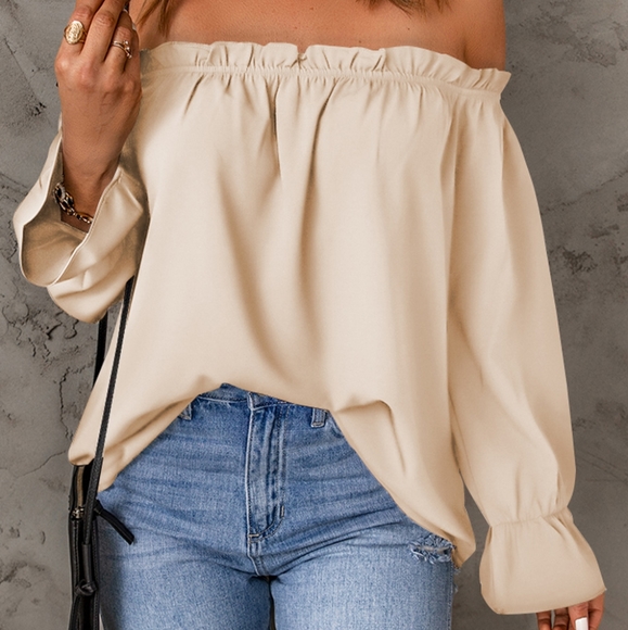 Tops - Cream Frill Trim Off-Shoulder Flounce Sleeve Blouse